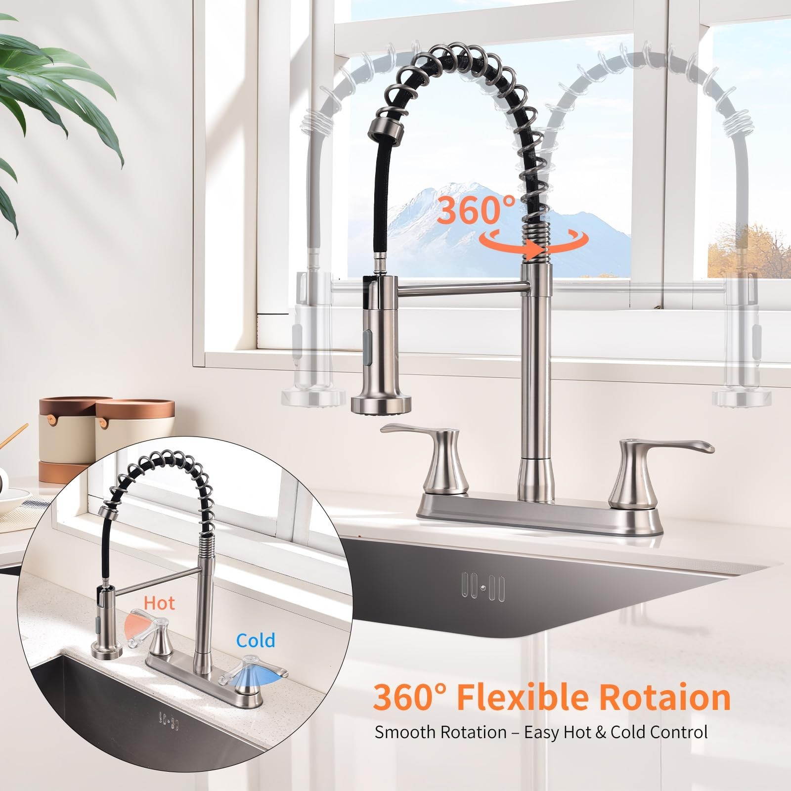 2 Handle Kitchen Faucet with Pull Down Sprayer, 360° Rotating Spout, Stainless S