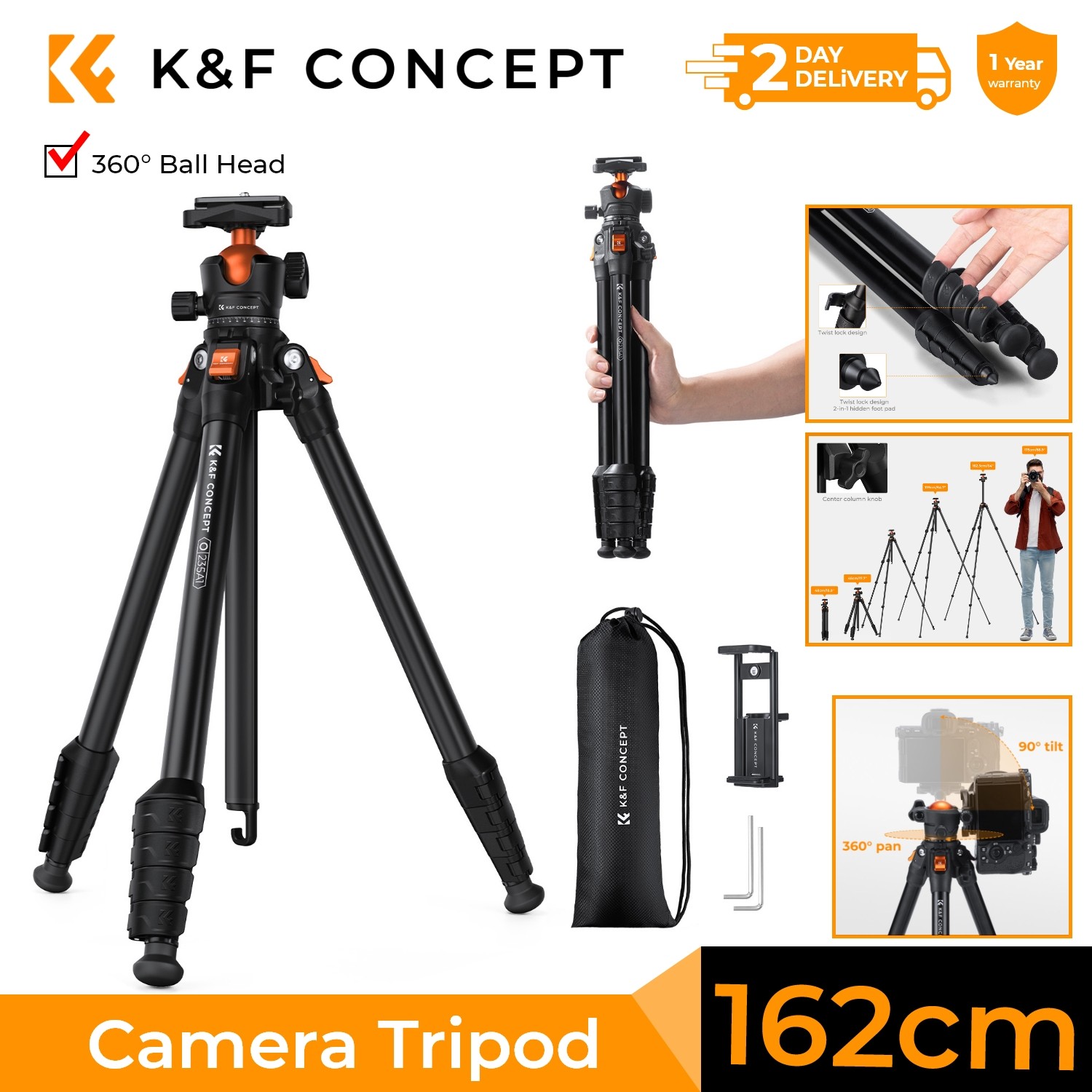 K&F Concept 63" Lightweight Camera Tripod 2-in-1 Rubber Feet + Metal Spikes