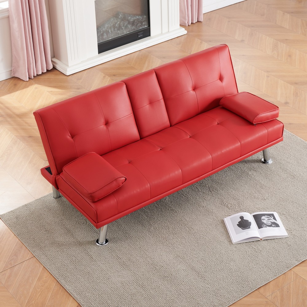 67" Orange Leather Office Sofa Bed Double Fold with Coffee Table Multifunctional
