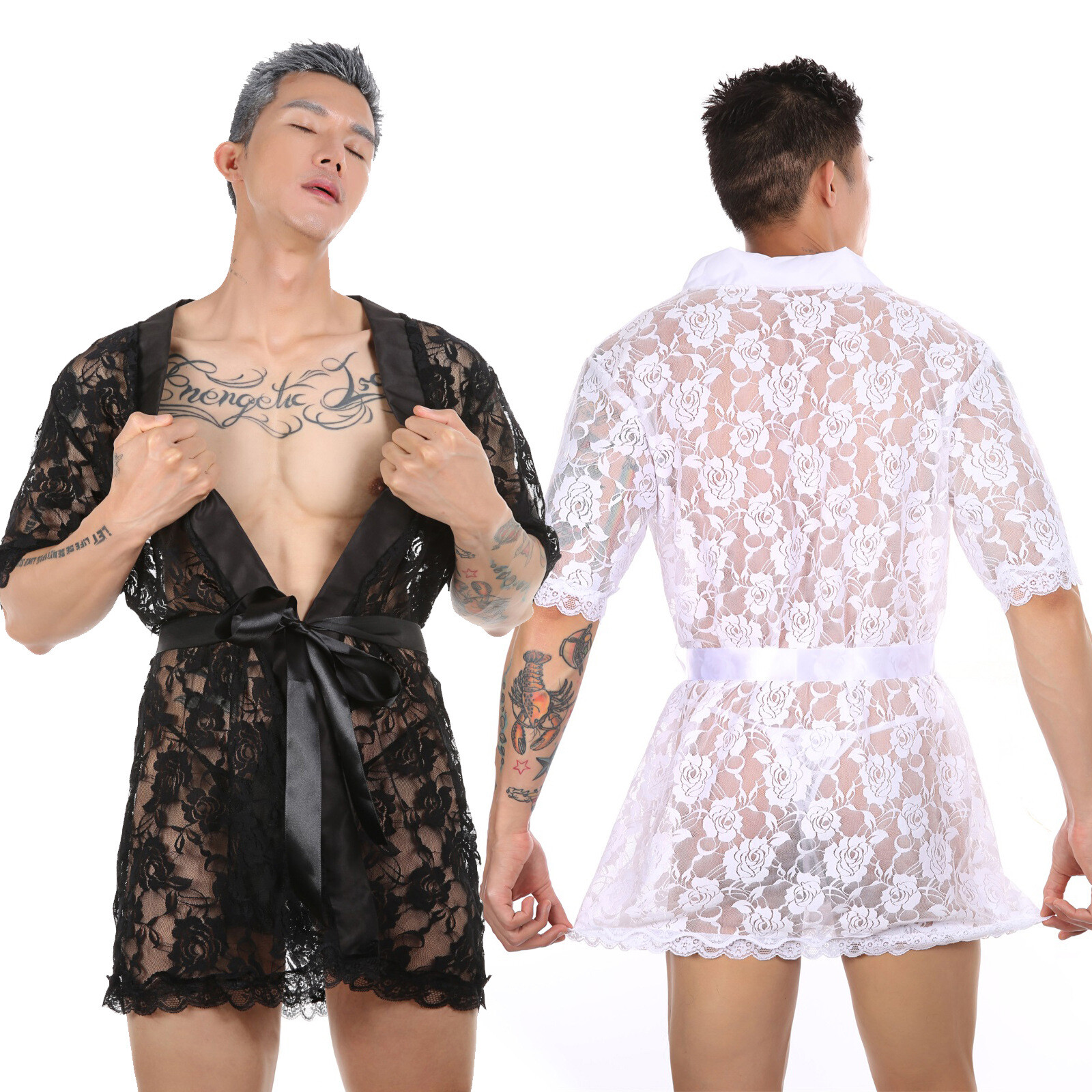 Mens Sexy Bathrobe Transparent Robe Nightwear Kimono Nightgown Loose Bath Gown