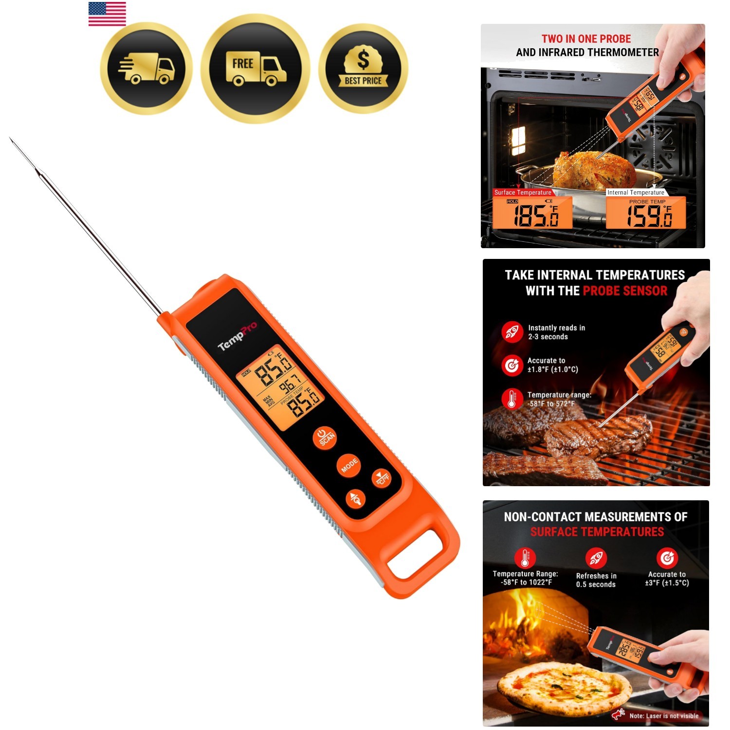 2-in-1 Instant Read Thermometer for Cooking, Infrared Thermometer with Meat P...