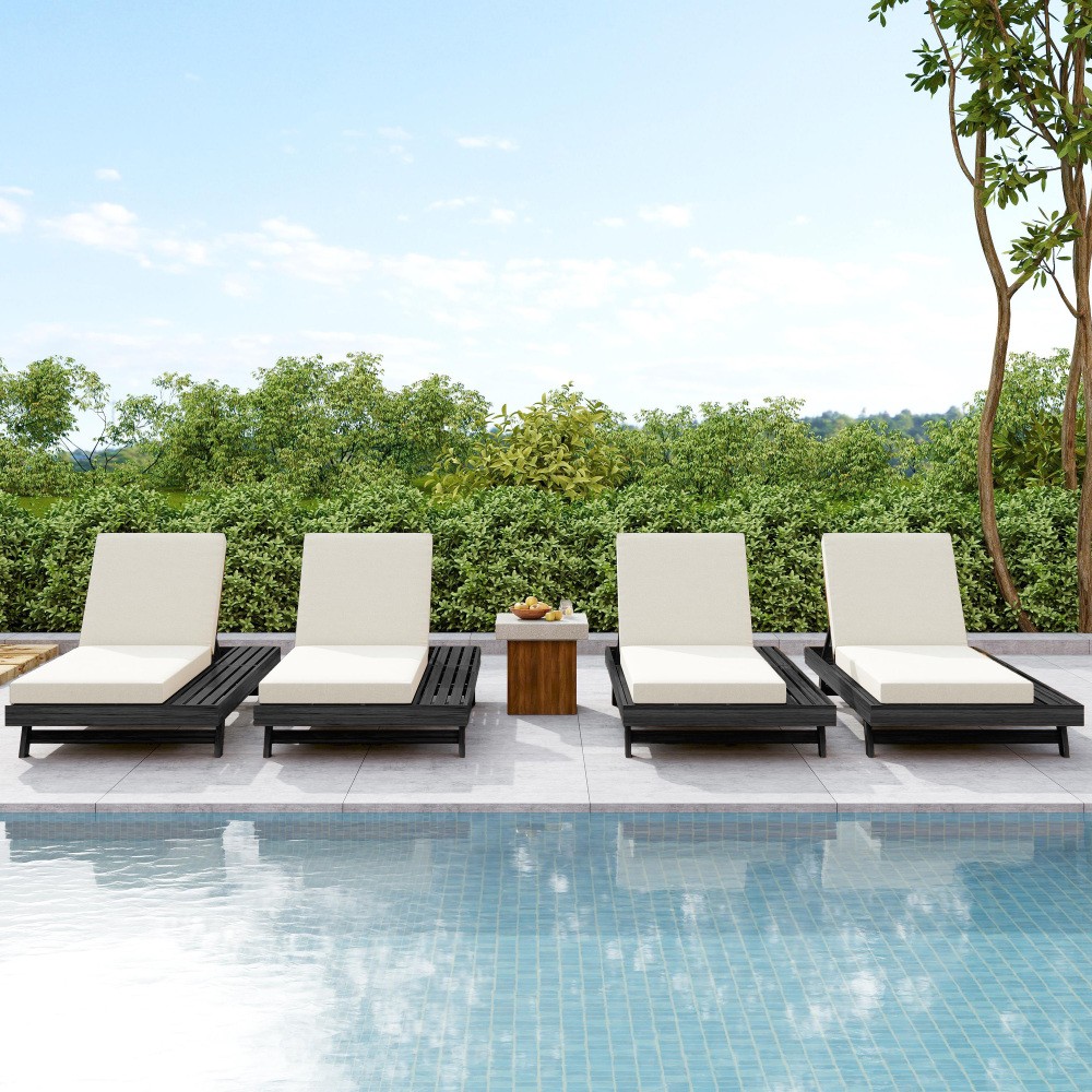 Outdoor Adjustable Sun Lounger w/ Cushion, Acacia Recliner Chair