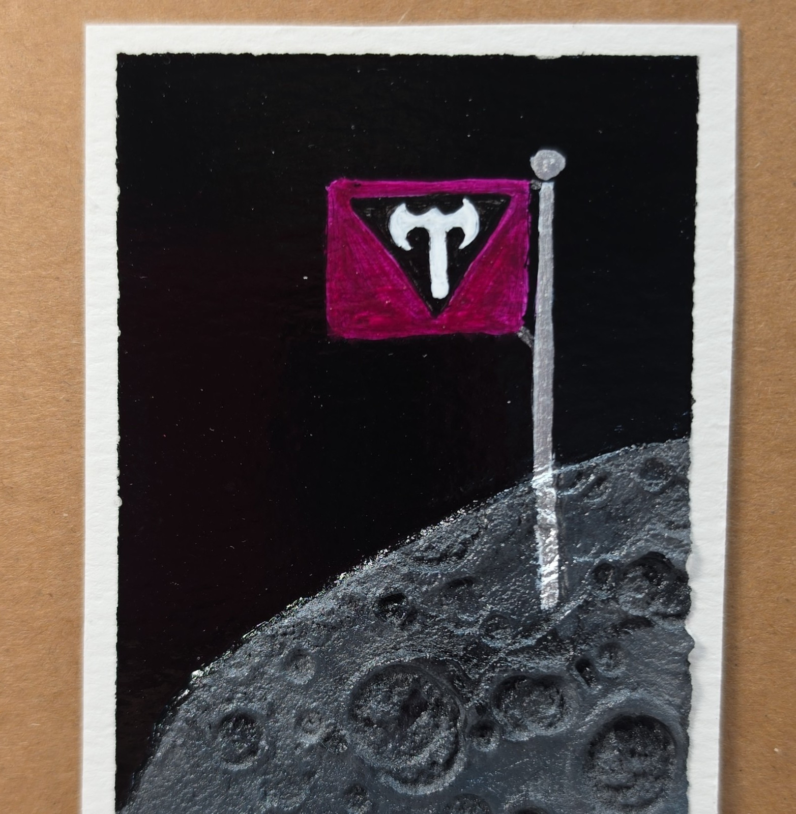 Signed Miniature Drawing Flag Moon Original Art OOAK Outer Space