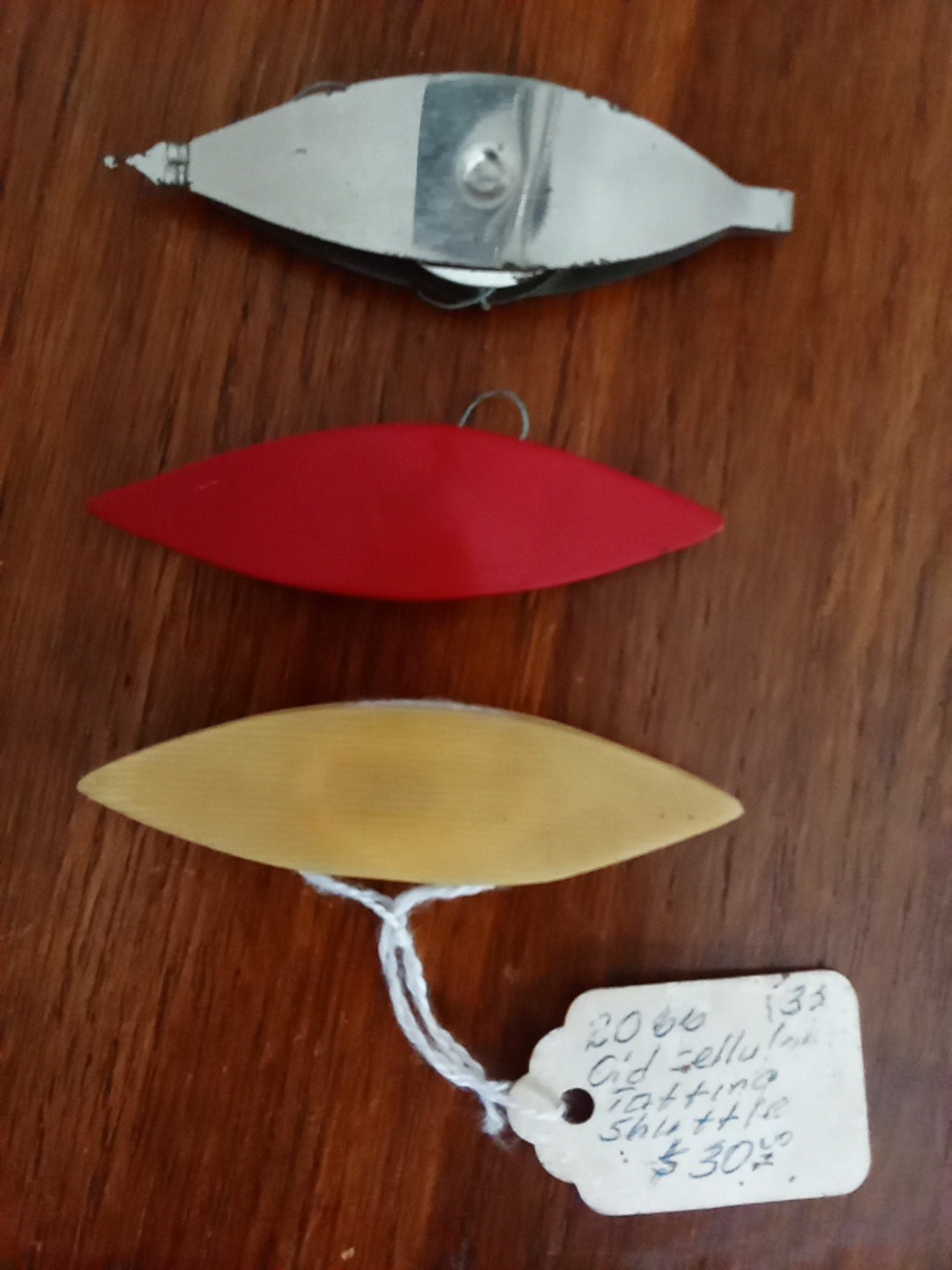 Vintage Mixed Metal/Plastic Tatting Shuttles Set of 3. Celluloid.