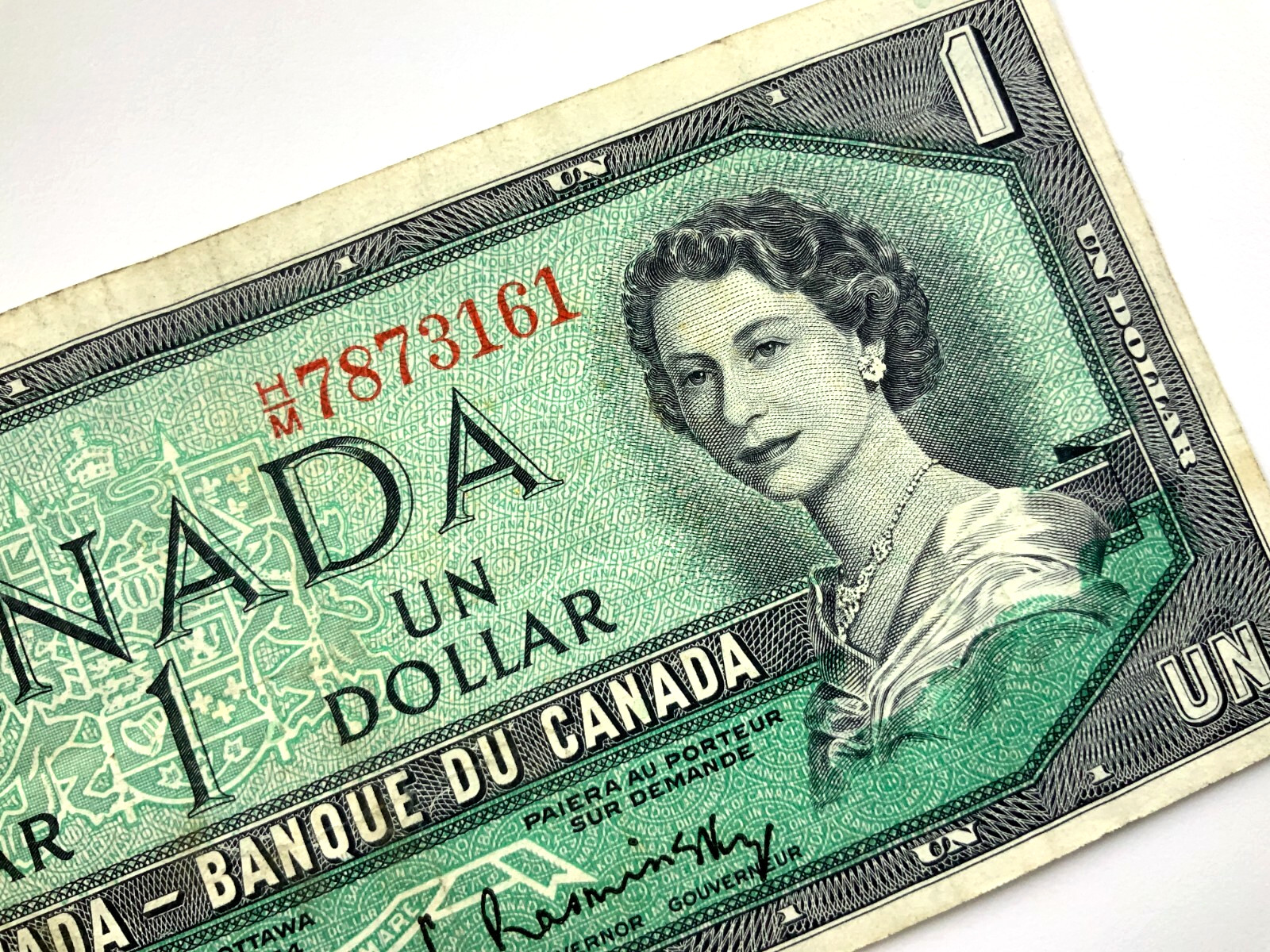 1954 Canada 1 One Dollar Circulated Banknote HM Prefix Beattie Rasminsky Y672