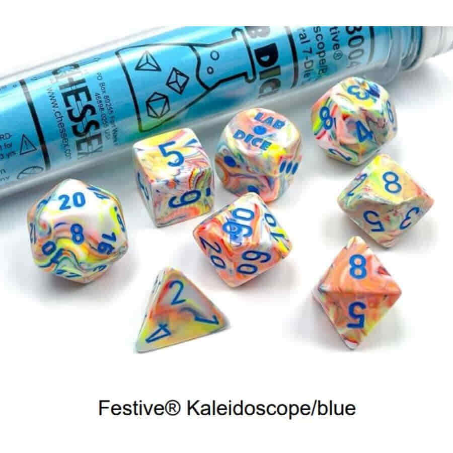 Chessex Lab Dice Festive Kaleidoscope Blue 7-Die Set 30047 D&D RPG D20 Tube