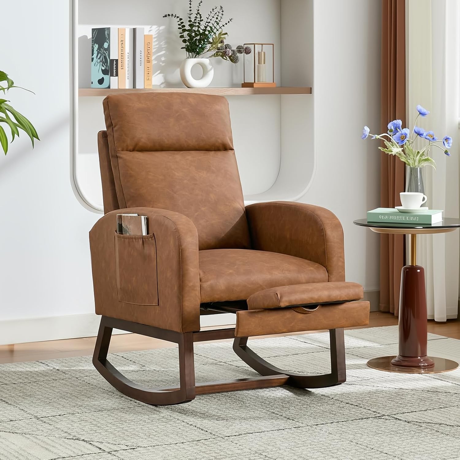 Upholstered Glider Chair with Adjustable Footrest, Walnut Frame, Relaxing & Safe