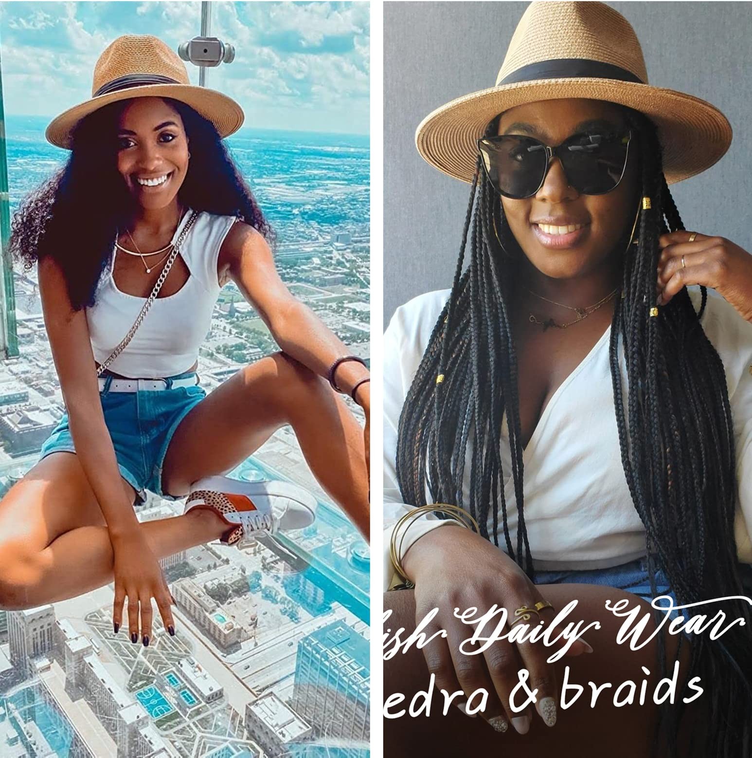 Womens Mens Wide Brim Straw Panama Hat Fedora Summer Beach Sun Hats UPF Straw...