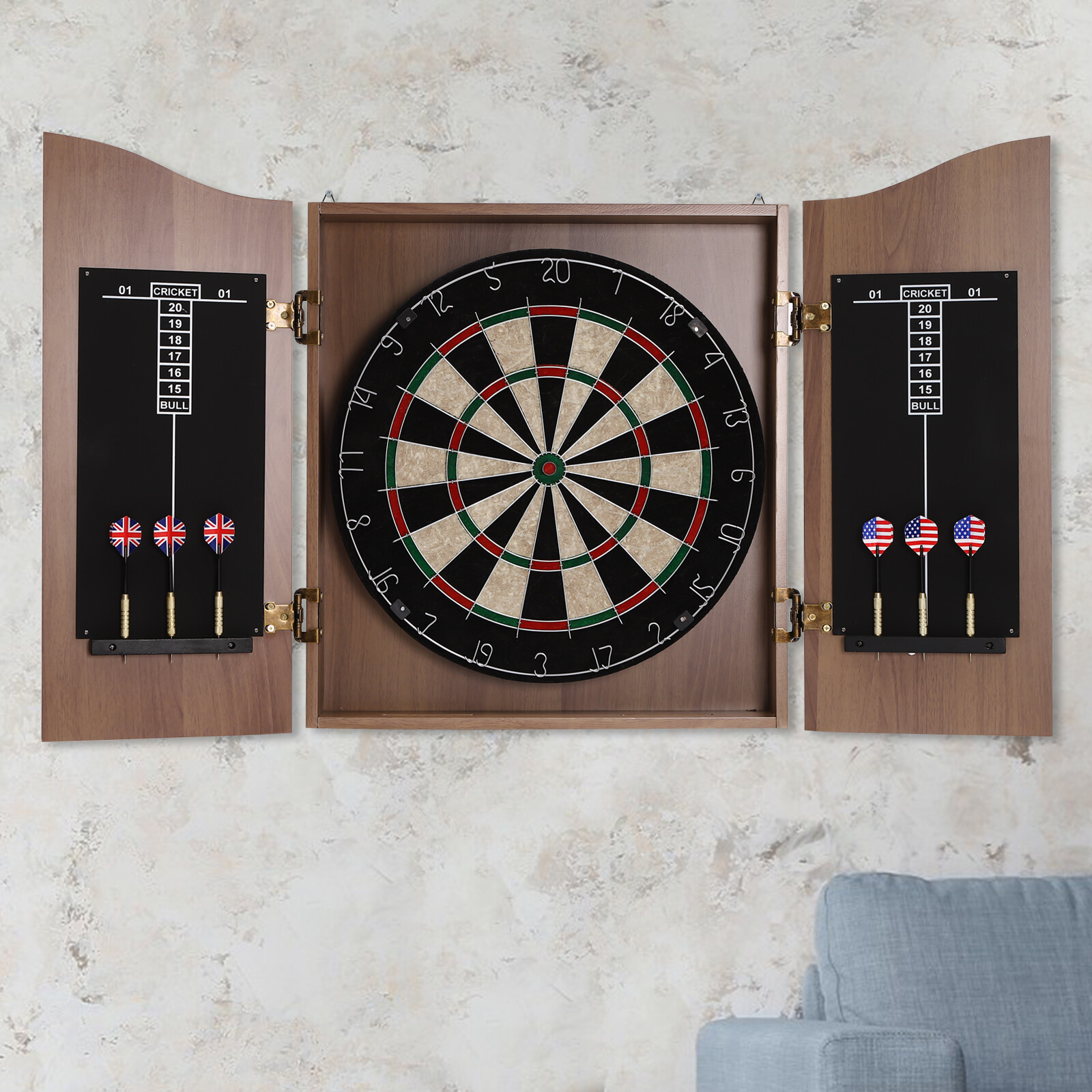 Brown Wall-Mounted Dartboard Set with Cabinet and Darts for Fun Games