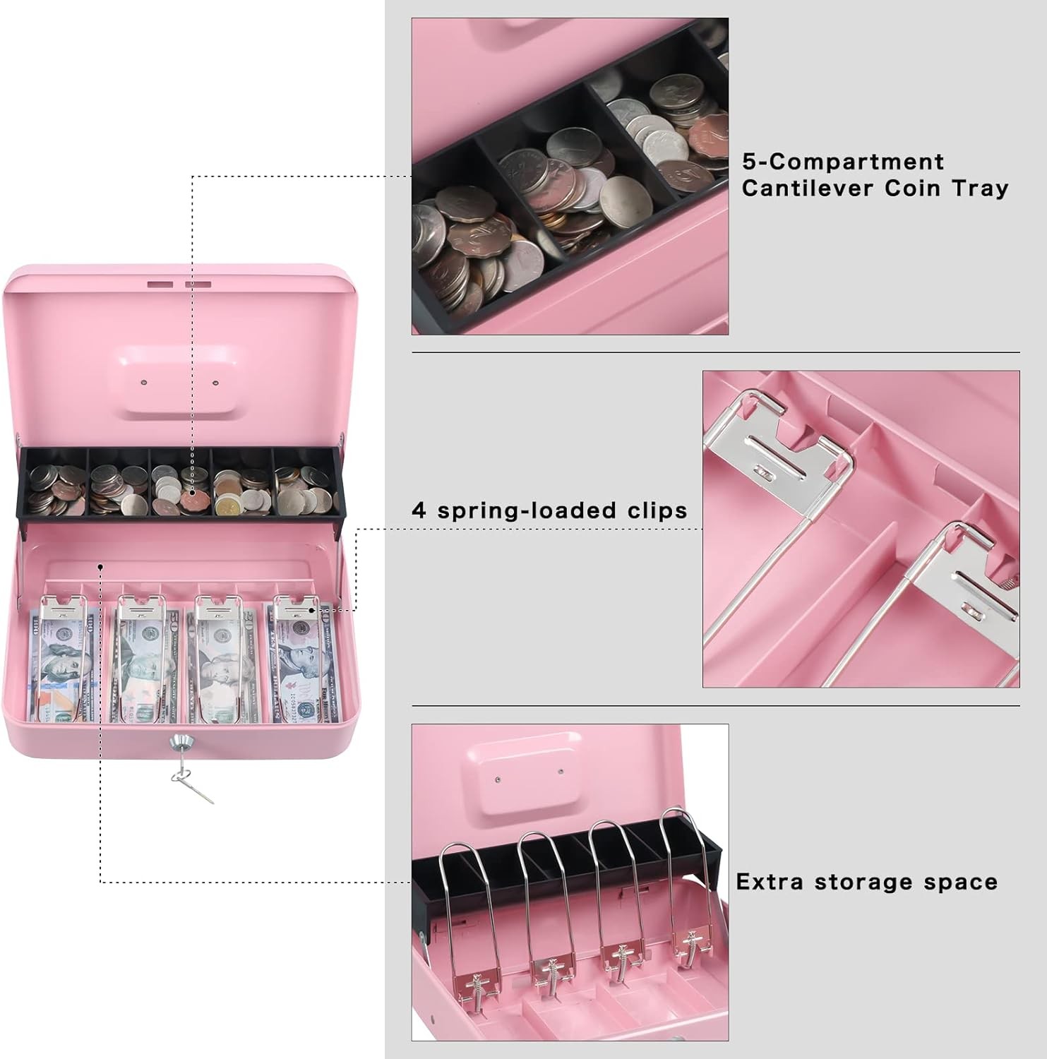 Large Steel Cash Box Safe Chest Key Lock Money Document Cash Jewelry Pink
