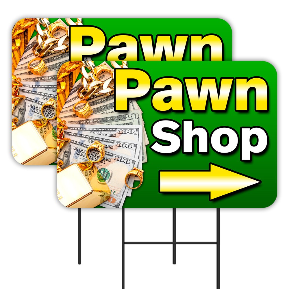 Pawn Shop 2 Pack Double-Sided Yard Signs 16" x 24" with Metal Stakes (Made in Te