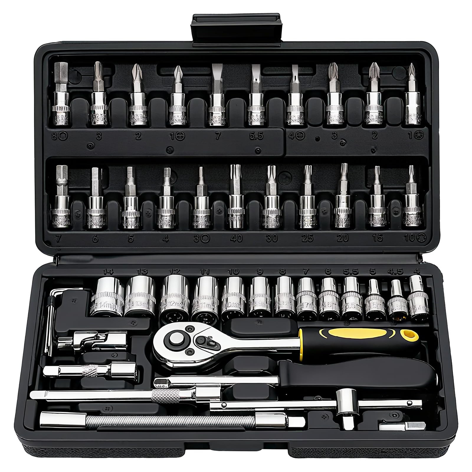 46-Piece Socket Wrench Set, Premium 1/4 inch Metric Socket Set, Ratchet Set w...