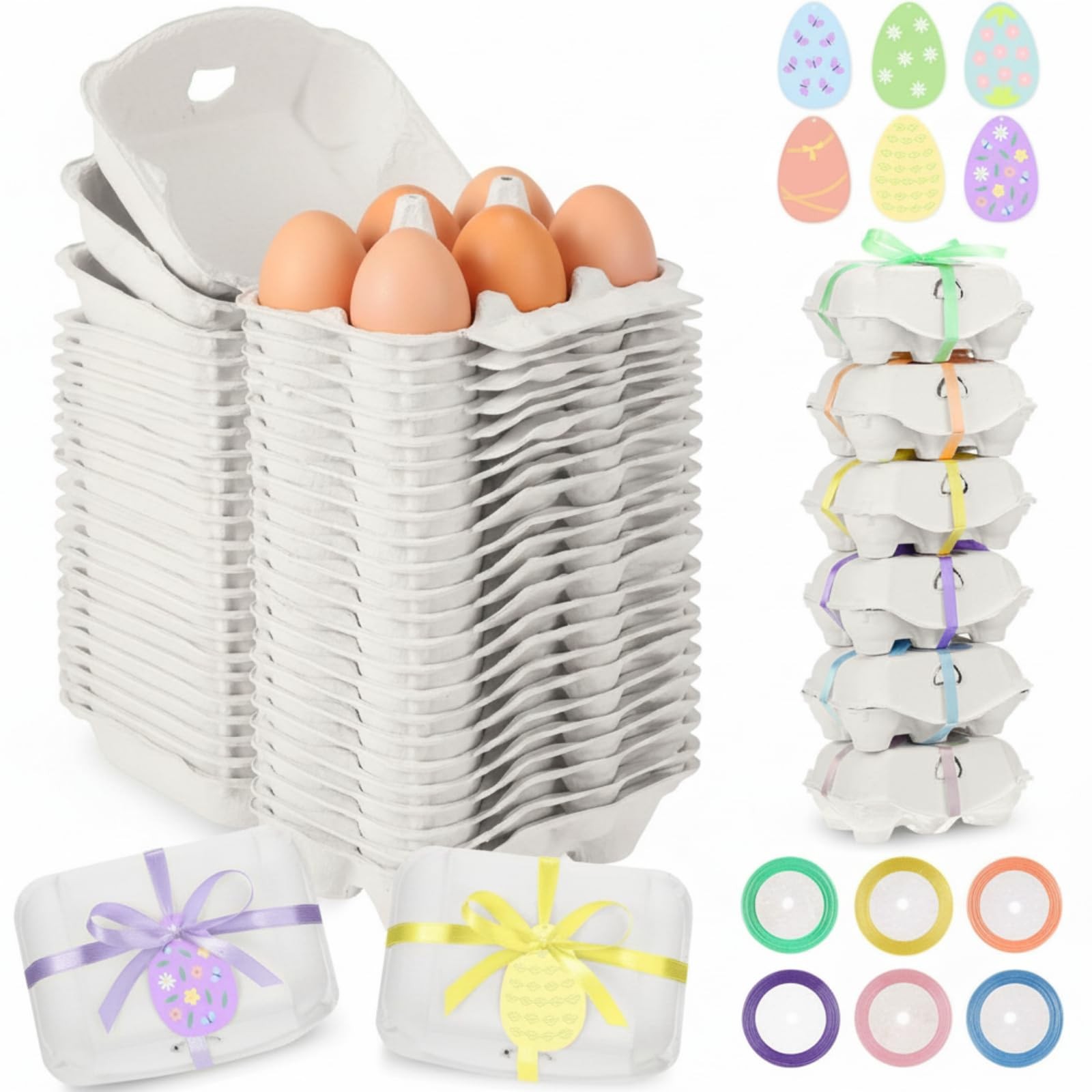 24 PCS 6 Count Easter Egg Cartons White Natural Pulp With Ribbon Gift