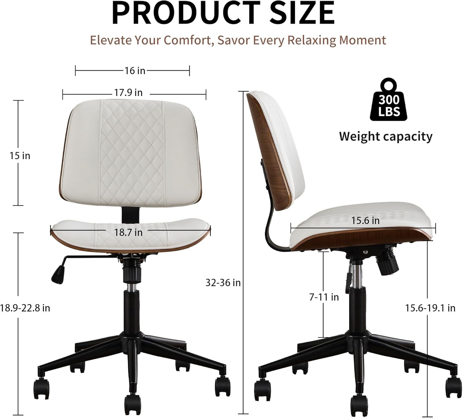 Small Home Office Chair Armless Mid Back Desk Chair W/ 360° Swivel & Wheels PU