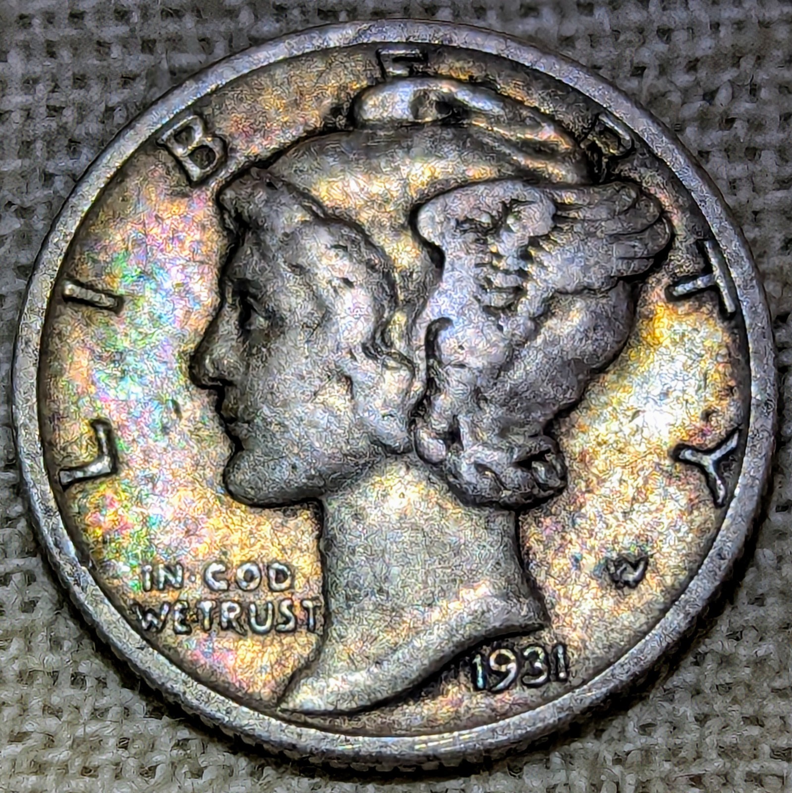 1931 S Mercury Dime Fine : Rainbow Tone, Low Mintage 1.8M - .9 Fine Silver Coin