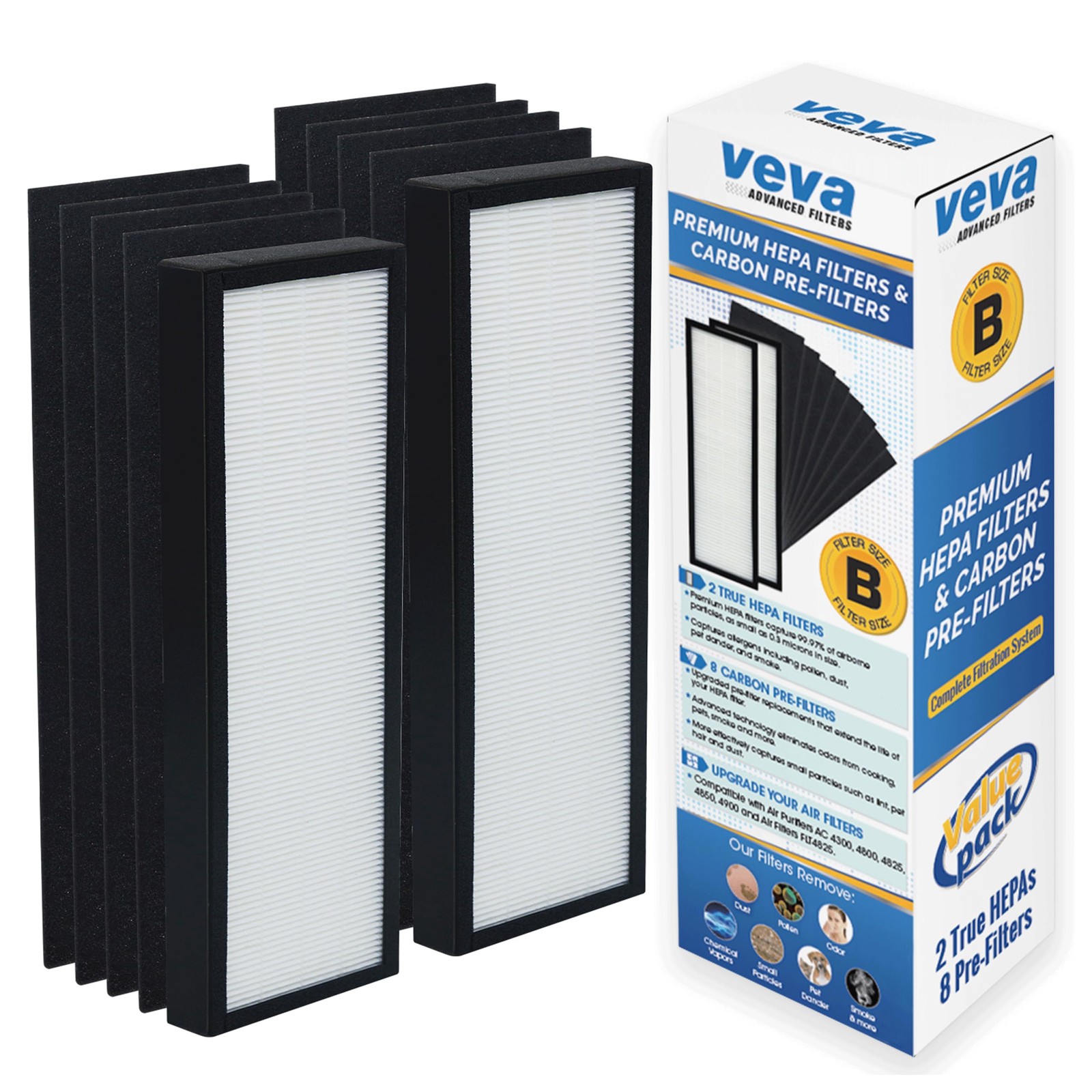 HEPA Filter B for Germ Guardian AC4825, AC4900CA, Pack of 2 + 8 Carbon Filters