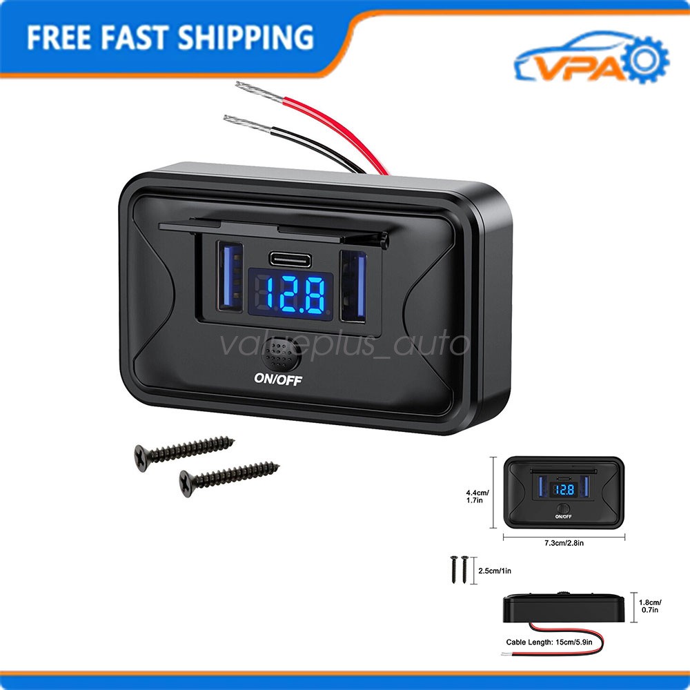 12V Dual USB QC3.0 & PD Port Car Fast Charger Socket Power Outlet On-Off Switch