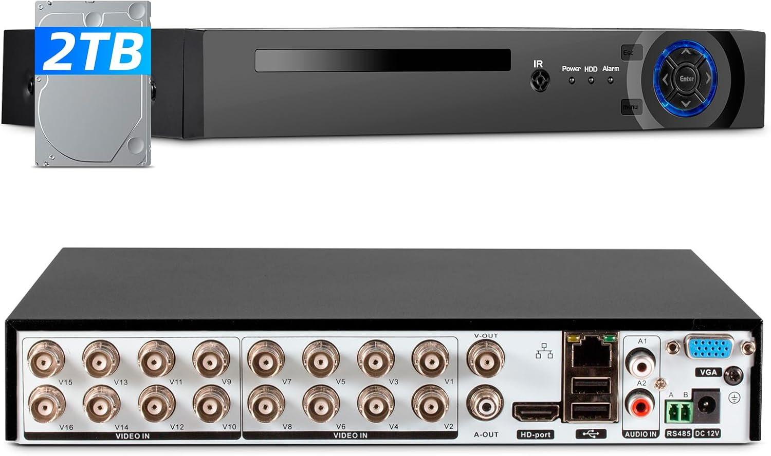 H.265+ 16CH DVR 5in1 for Security Camera System 1080P Recorder with 2TB HDD