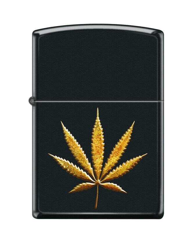 Zippo 8471,   "Gold Leaf-Cannabis" Black Matte Finish Lighter, NEW