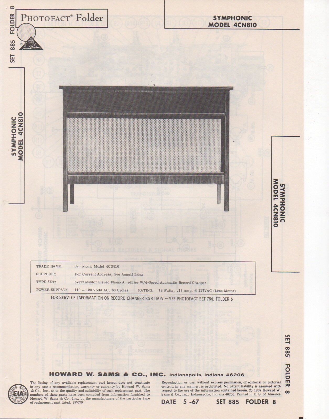 1967 SYMPHONIC 4CN810 RECORD PLAYER CHANGER AMPLIFIER SERVICE MANUAL PHOTOFACT