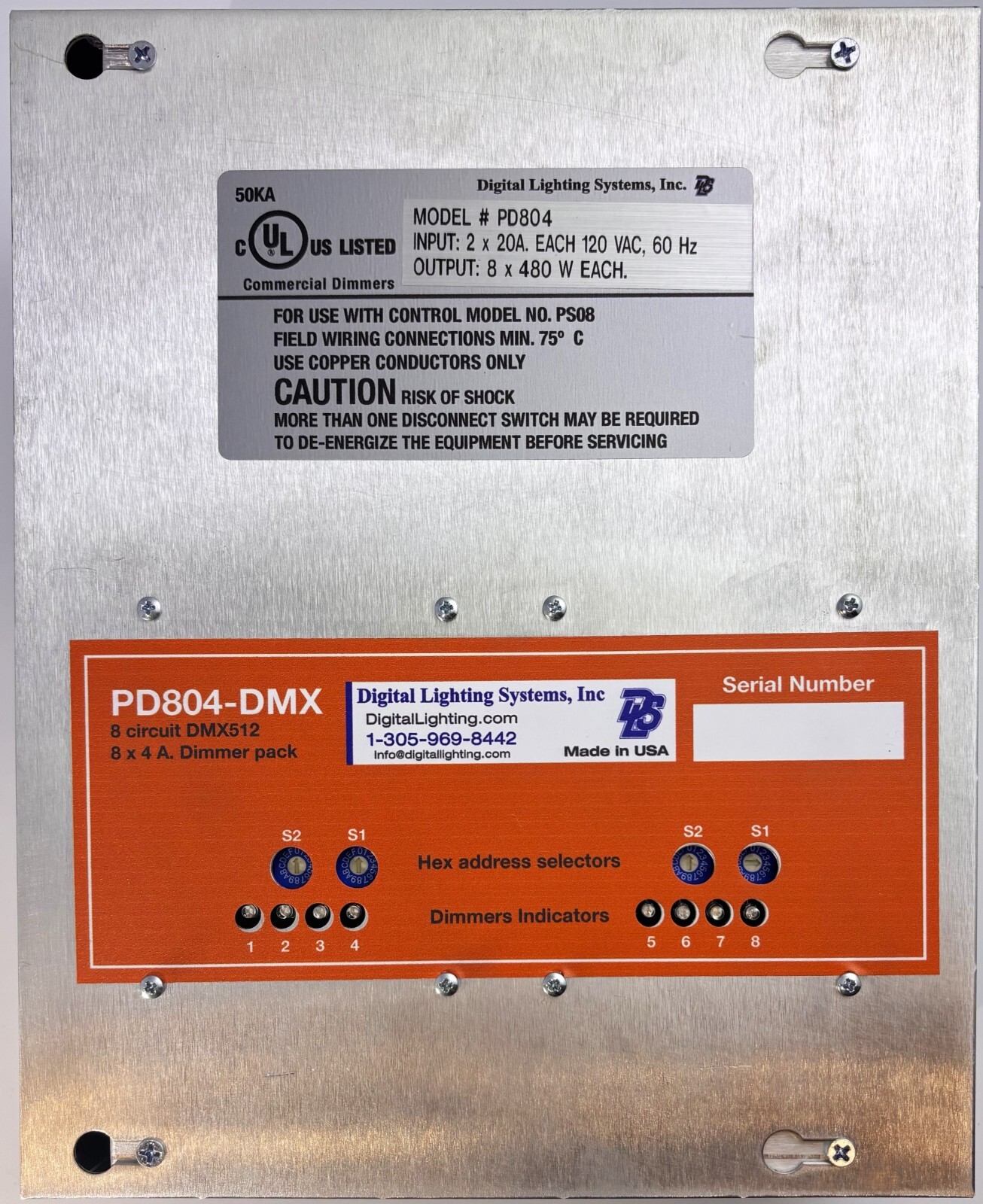 PD804-DMX-120 8x500W DMX dimmers, RJ45, for LED, MLV & Neon 120V Made in USA