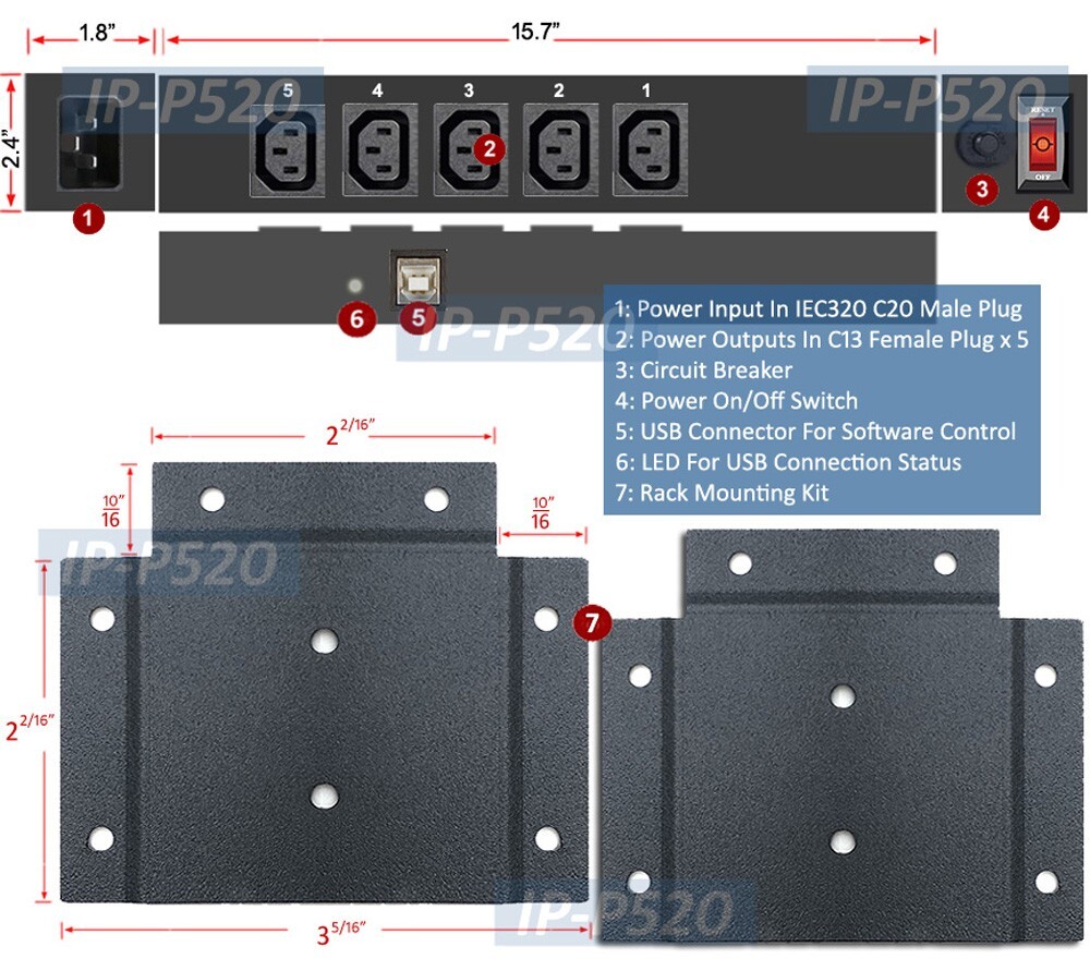 5-Outlet PDU W/ PC USB Software Control Power On/Off API Support Rack Mounting