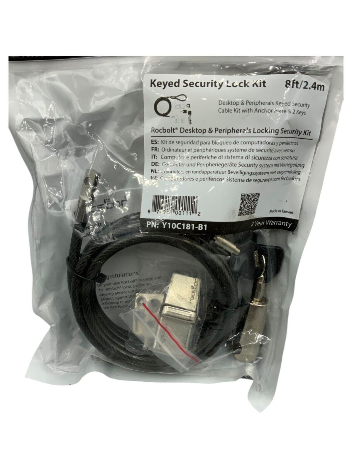 Rocstor 8ft/2.4m Keyed Security Lock Kit For Desktops & Peripherals With 2 Keys