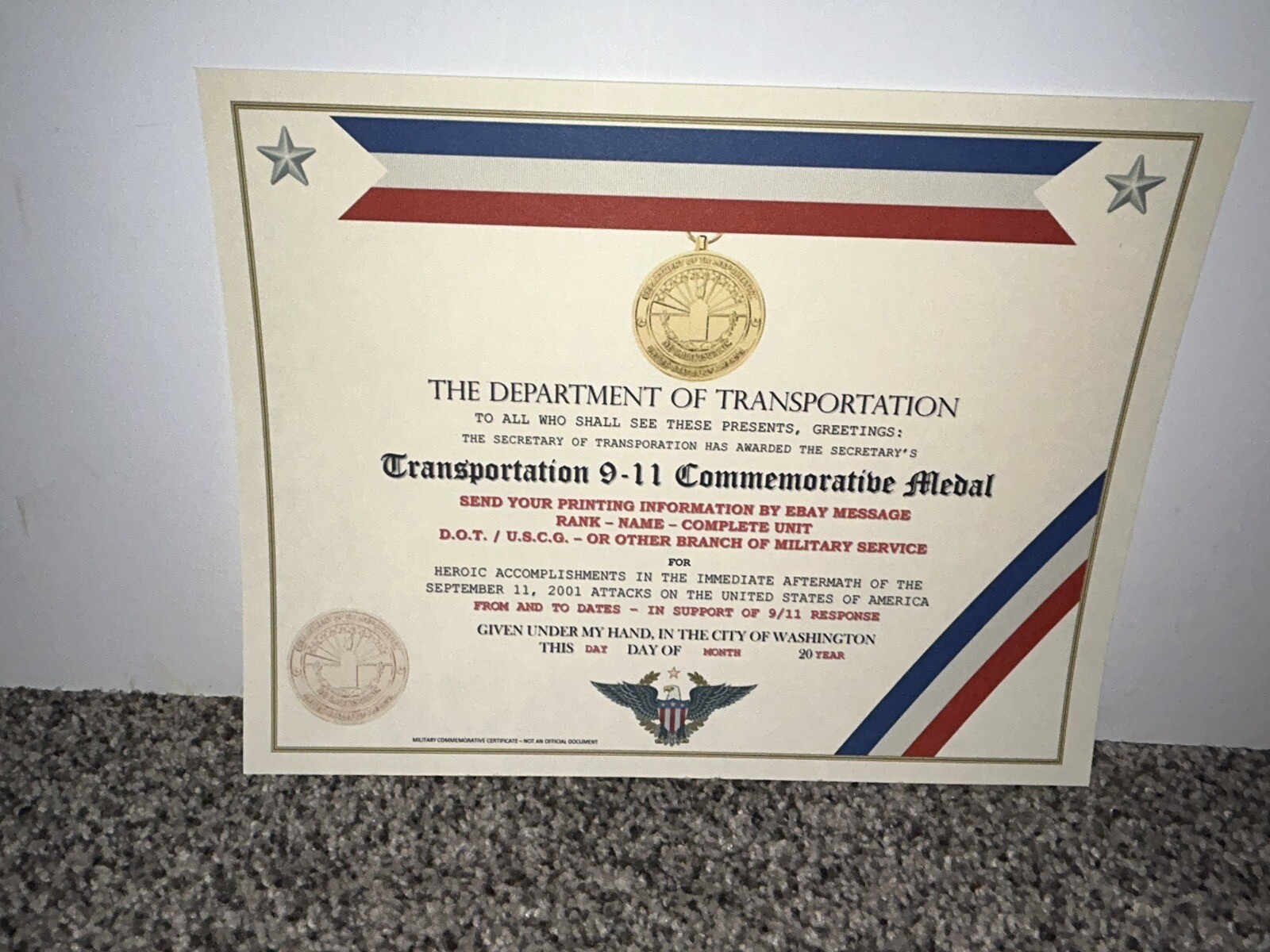 DOT ~ TRANSPORTATION 9-11 COMMEMORATIVE MEDAL CERTIFICATE ~ W/PRINTING T-1