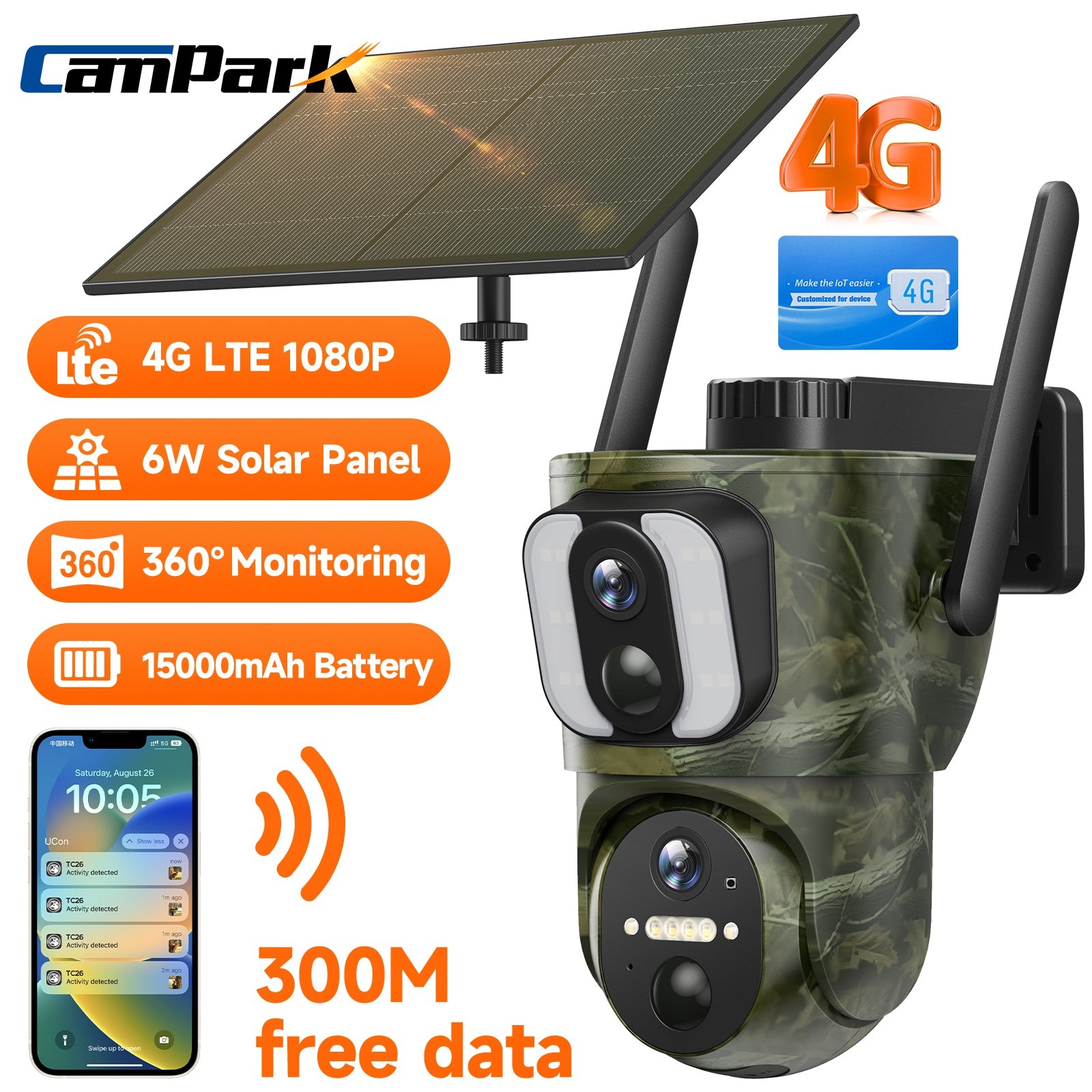 Campark Dual Len Cellular Trail Camera 4G LTE Hunting Cam Solar 360° Full View
