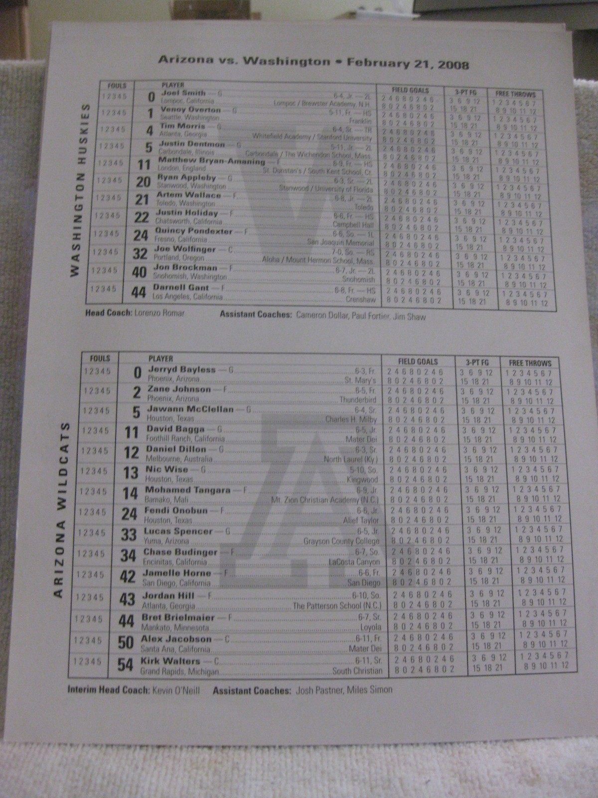 Washington Huskies basketball program [Justin Dentmon #5] one page cardboard