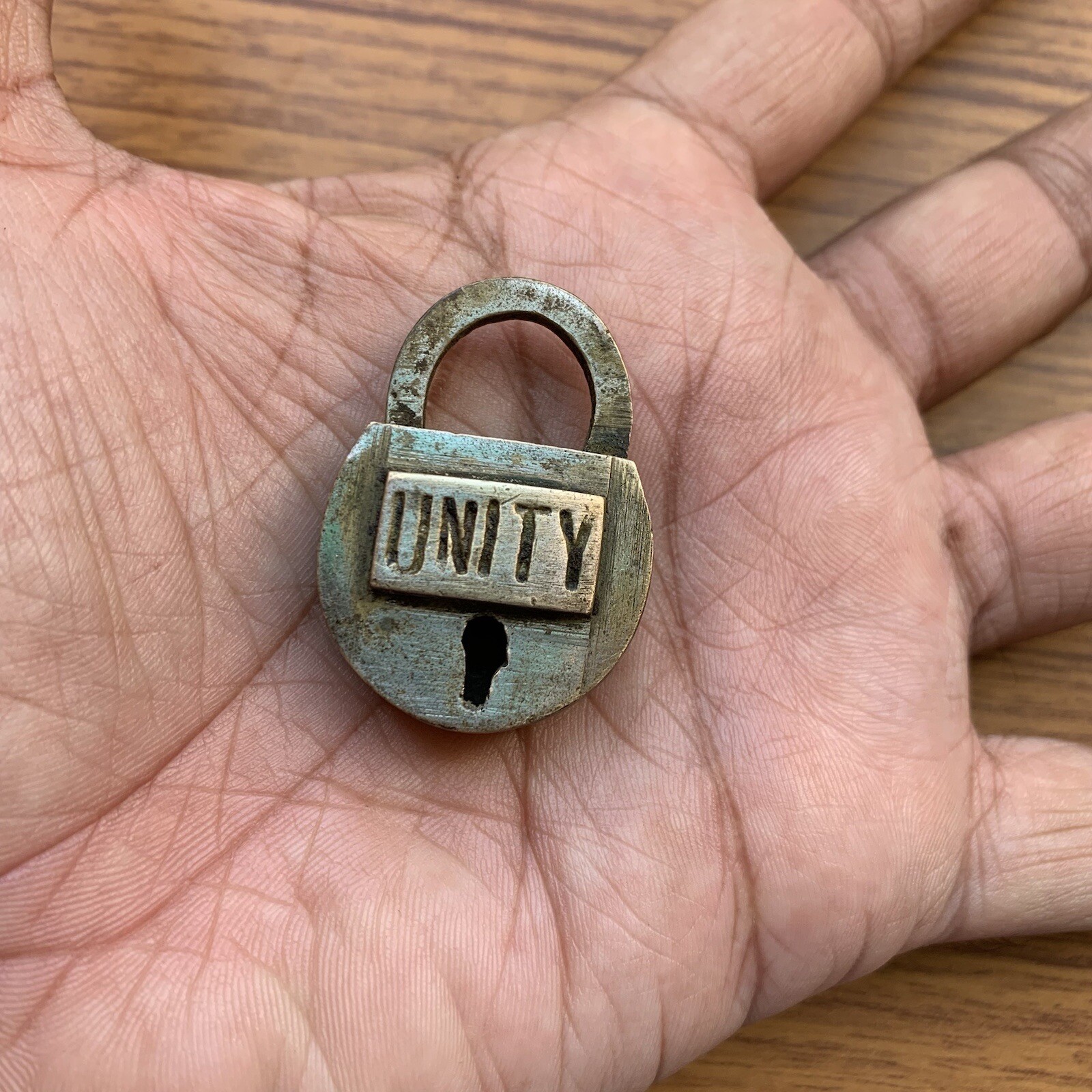 BRASS PADLOCK OR LOCK WITH KEY RAREST SHAPED Old or Antique, miniature sized.