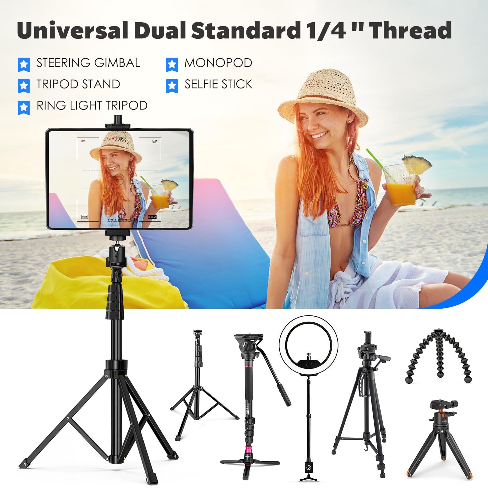 iPad Tripod Mount Adapter with Ball Head, Universal 360 Rotatable Tablet Clam...