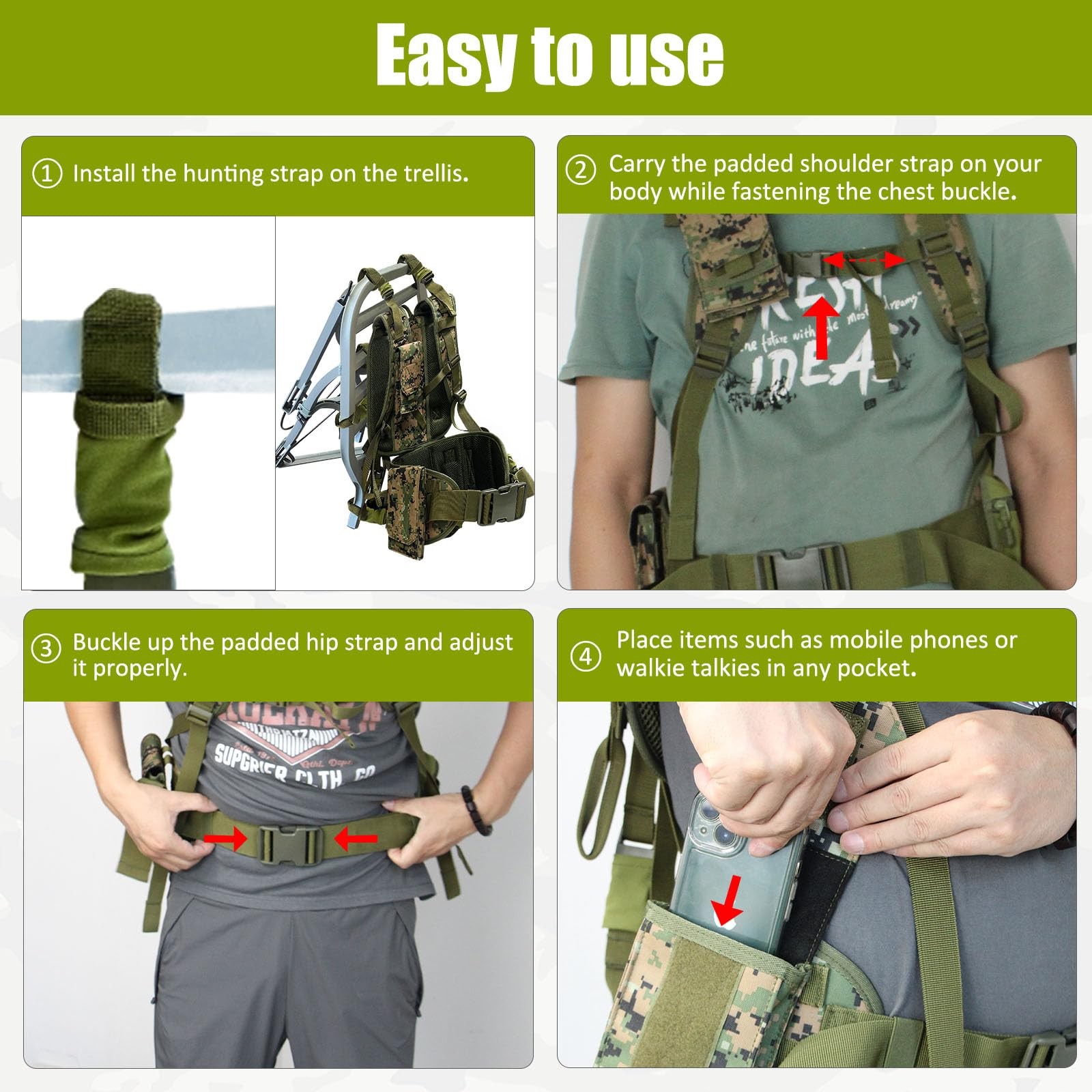 Tree Stand Carrier Backpack with Padded Straps, 8 Connection Points & 3 Pocke...