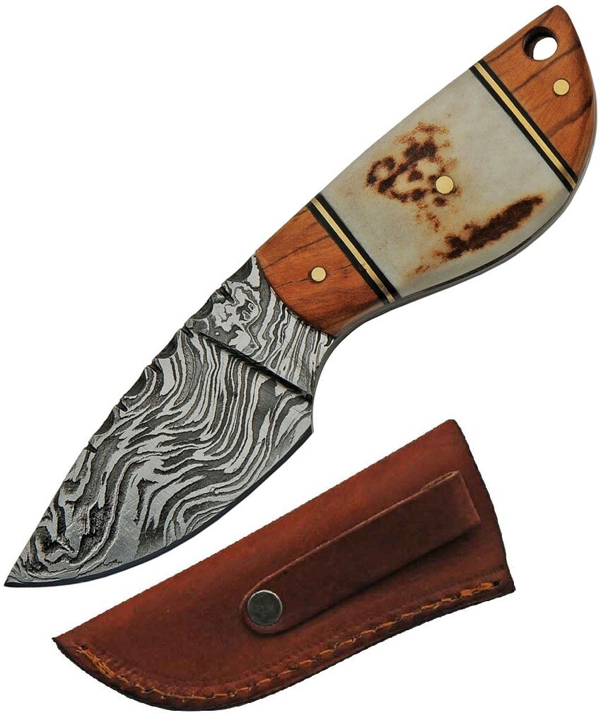 Damascus Wild Skinner Fixed Knife 2.5" Damascus Full Tang Blade Bone/Wood Handle