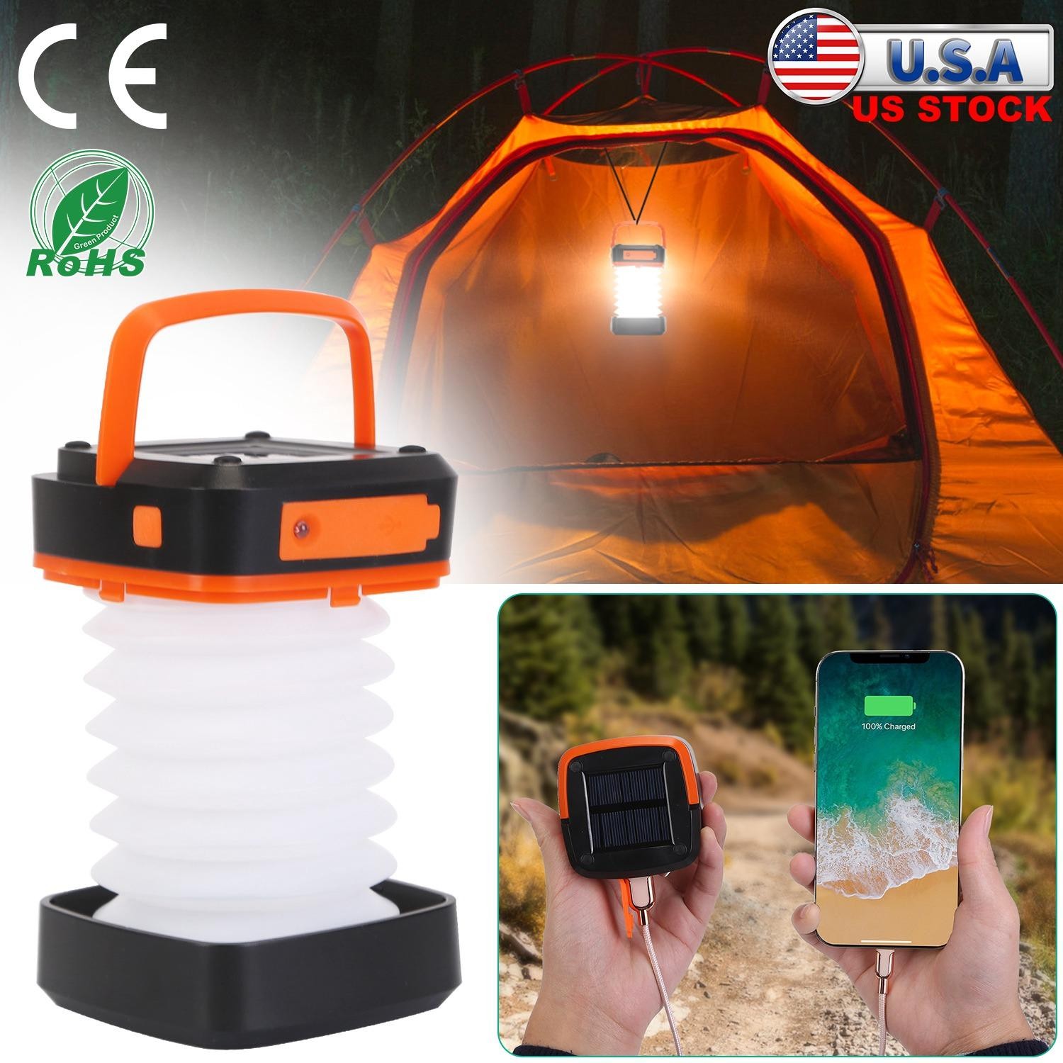 Solar Camping Lantern LED Collapsible Tent Lamp USB Rechargeable Emergency Light