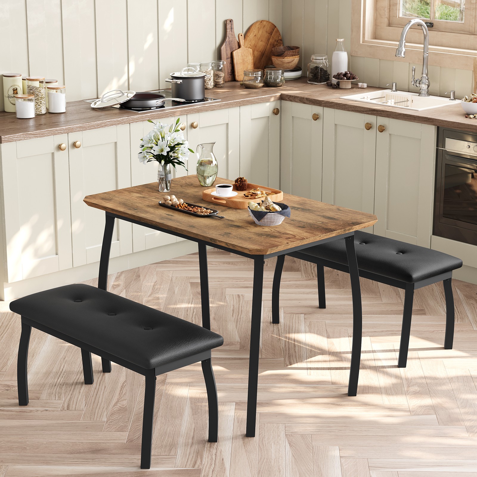 3-Piece Space-Saving Dining Table Set Modern Wooden Table & Upholstered Benches