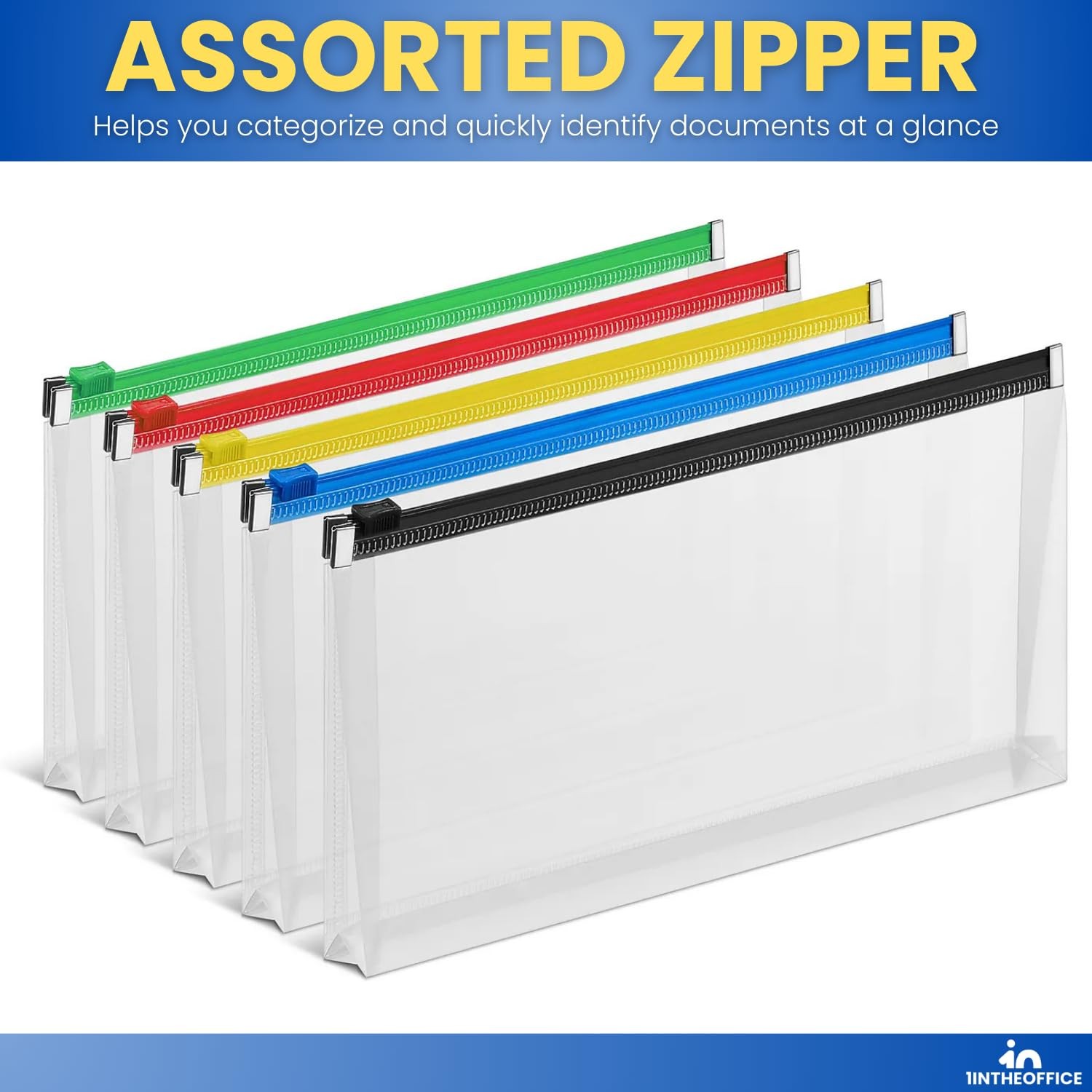 5 PCS Assorted Colors Plastic Filing Envelopes Zipper Closure Letter Size