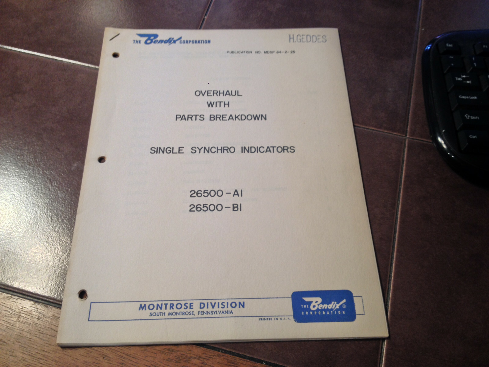 Bendix Single Synchro Indicators 26500-A1, 26500-B1 Overhaul & Parts Manual