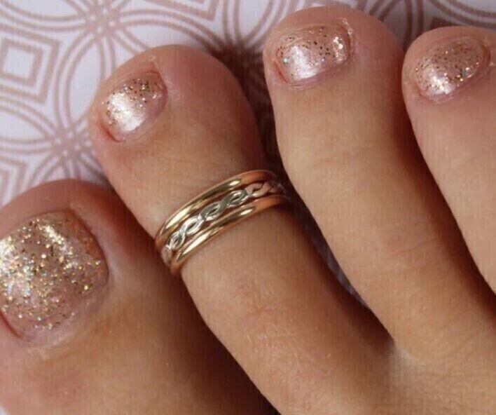 Women's Solid 925 Silver Metal 3 Row Adjustable Toe Ring 14k Yellow Gold Plated