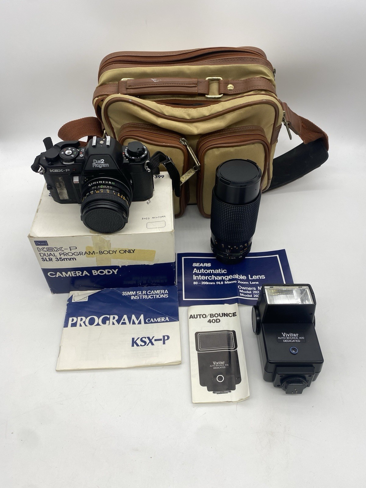 VINTAGE Sears KSX 35mm SLR Camera 2 Lens, 1 Flash, Bag Untested Orig Box Manuals