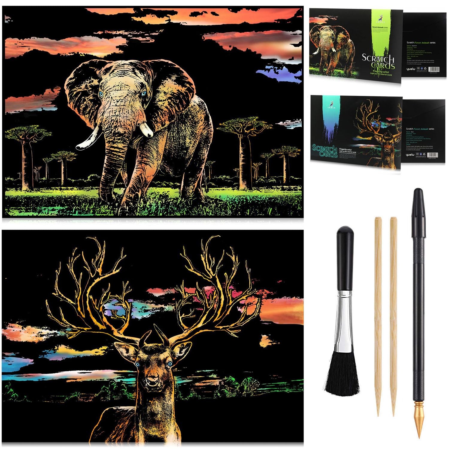 2 PACK Animal scratch art rainbow painting paper, Engraving Art & Craft Sets,...