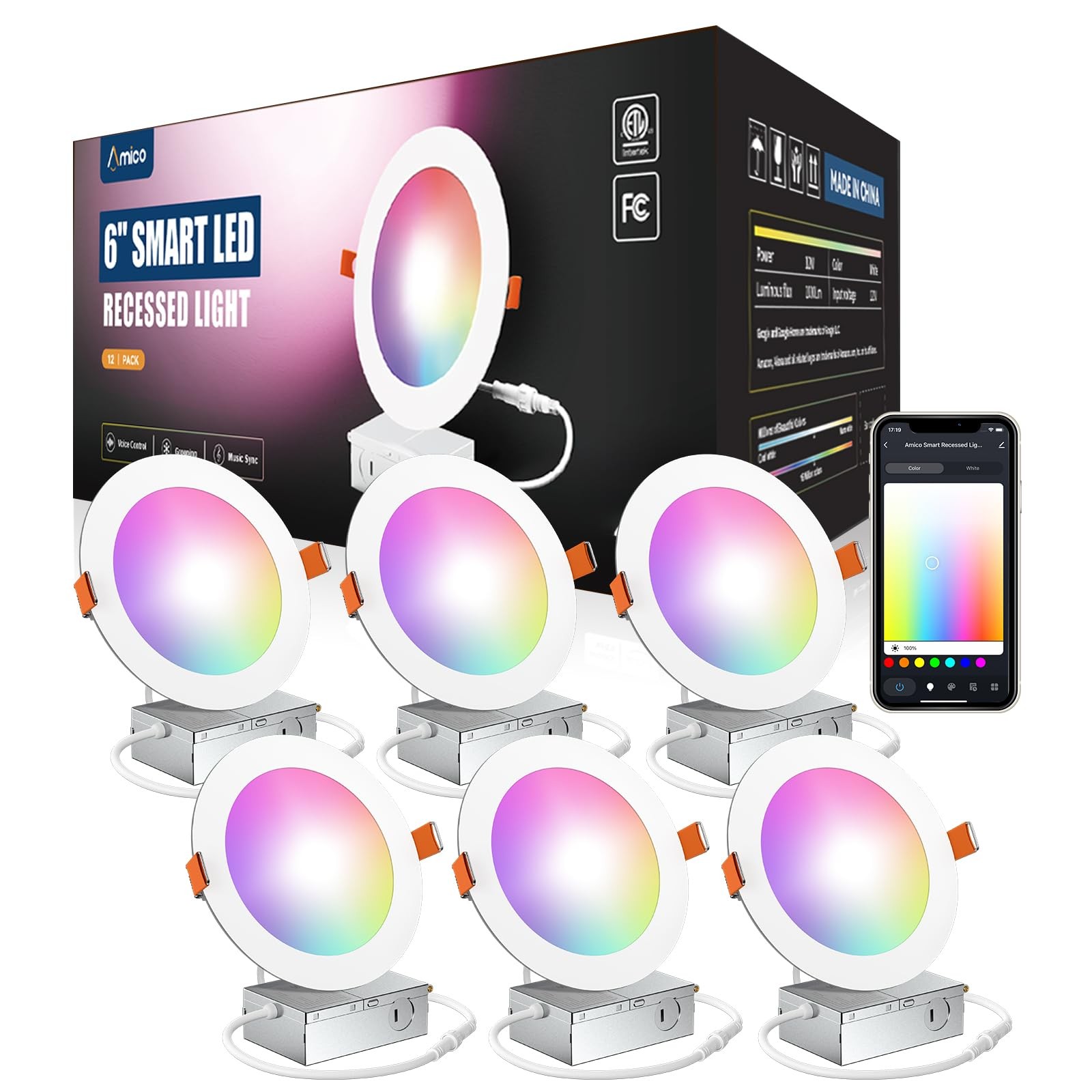 Amico 6 Pack 6 Inch Smart LED Recessed 6 Inch, RGB (Red, Green, Blue)