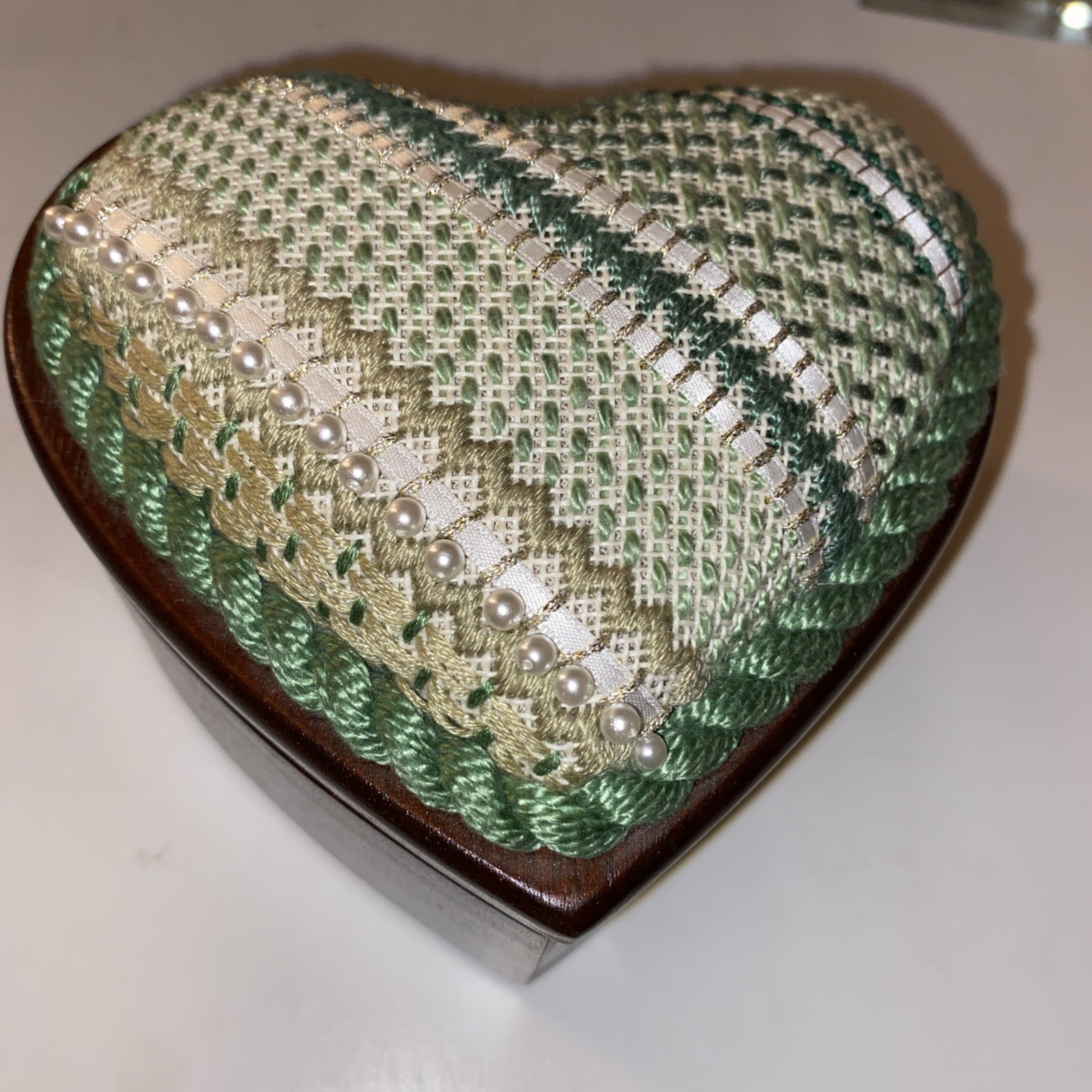 Wooden Heart shaped Tapestry Box 5.5”x 6”