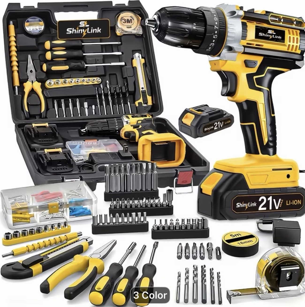 ShinyLink 21V Li-Ion Cordless Drill Set, 2 Batteries, 30pcs, Yellow/Black