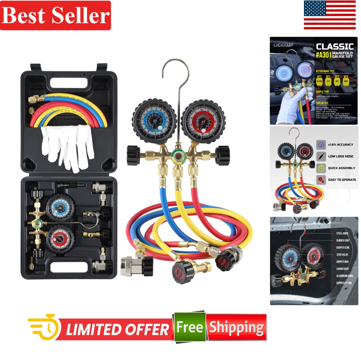 Clear Dial A/C Manifold Gauge Set with High-Impact Hoses for Easy Diagnostics