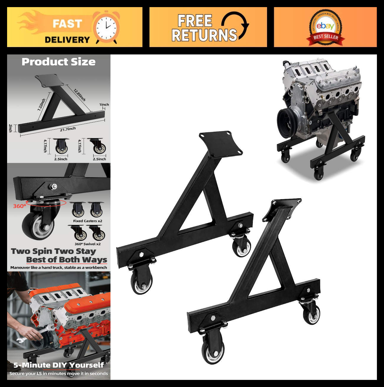 V8 Engine Stand with Swivel Casters, Rolling Storage for LS Engines & Transmissi