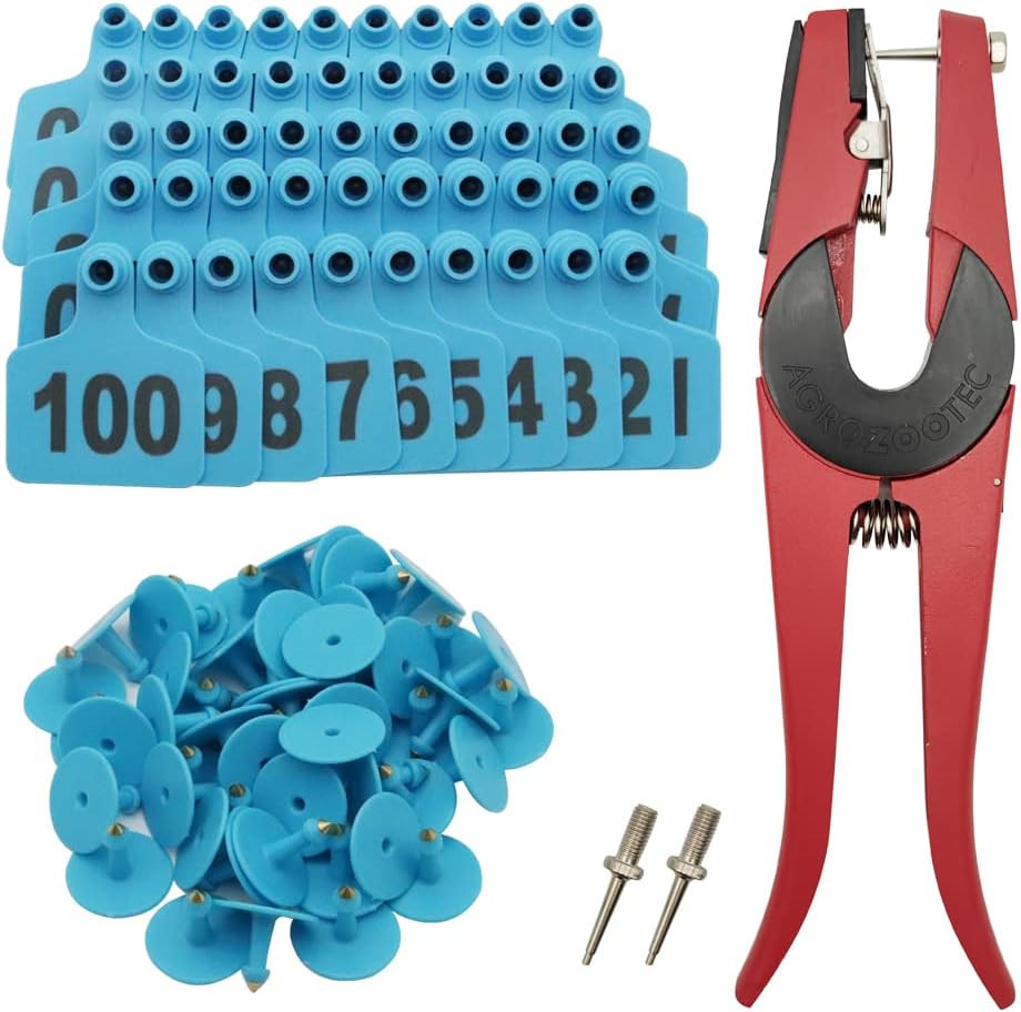 Blue Cattle Ear Tags 001-100 Livestock Animal Tag Kit for Cows with Applicator