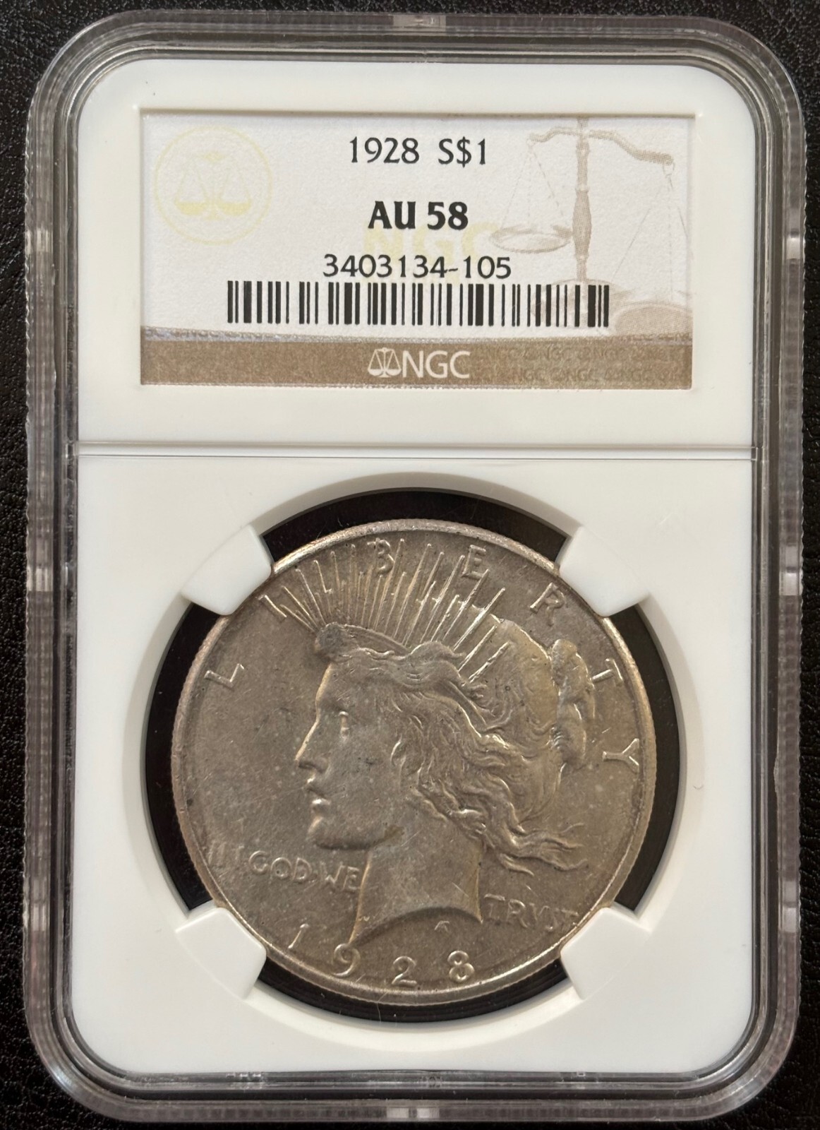 1928 Silver Peace Dollar $1 NGC AU 58 - Key Date & Low Mintage