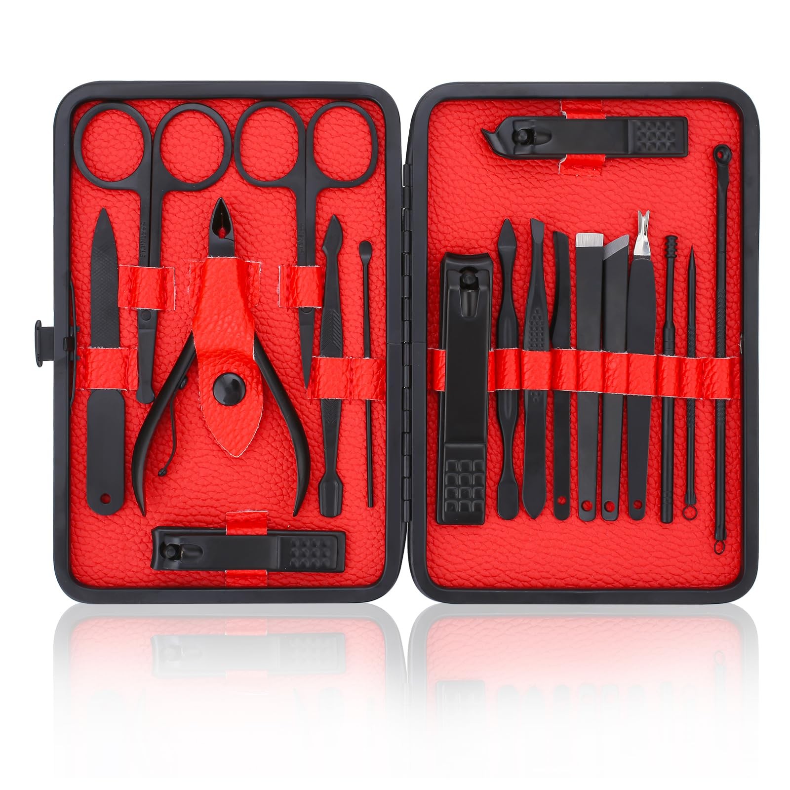 Manicure Set-Stainless Steel Nail Care 18 Piece Set, Black&Red