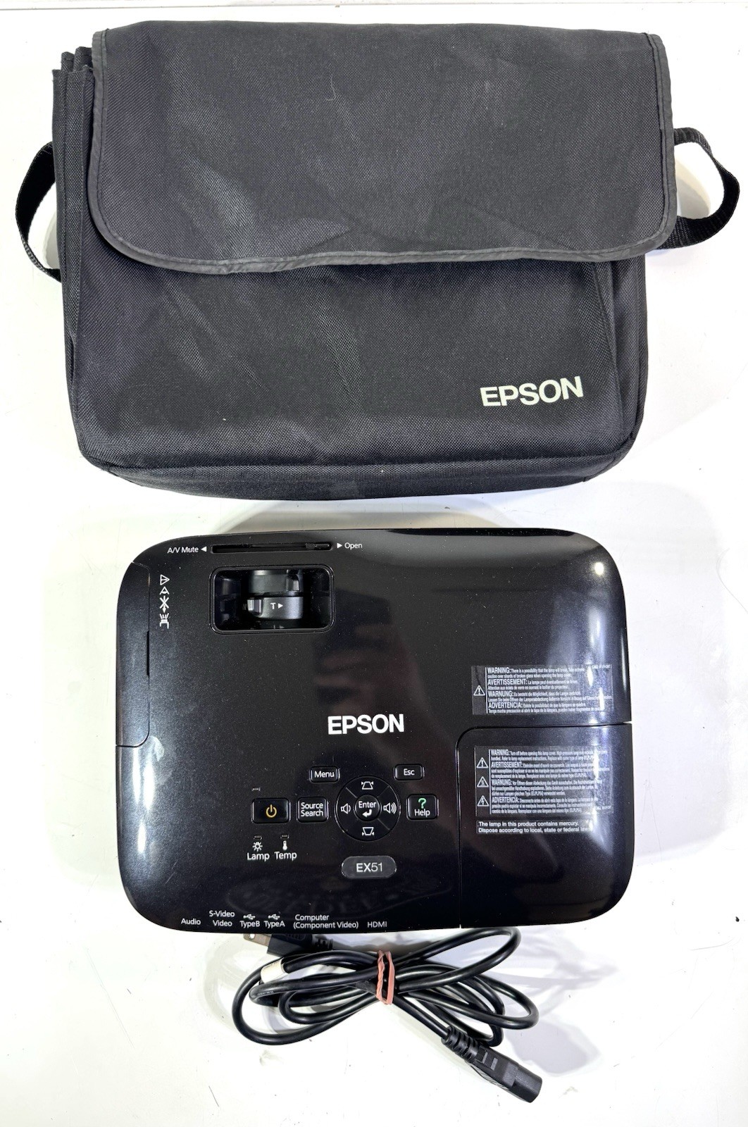 EPSON EX51 H311A Black LCD Projector Lamp 514 Hours, Carrying Bag, Cord, Works